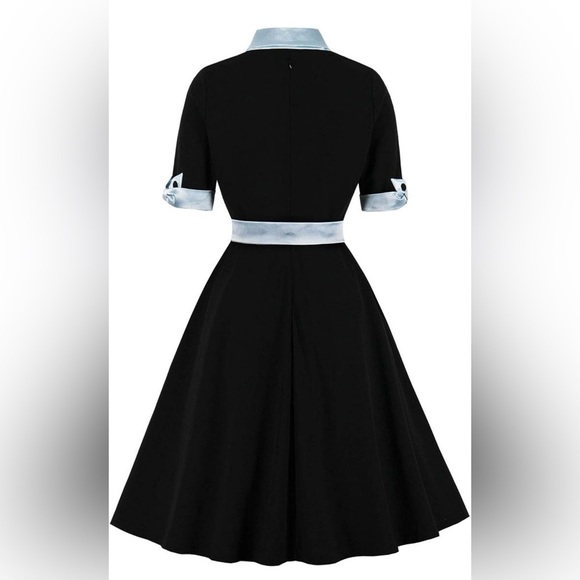 NWOT Elegant Black Dress with Blue Accents 50’s Style size L - Picture 8 of 12